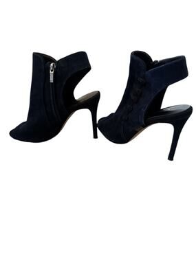 KAREN MILLEN NAVY SUEDE BUTTON UP BOOTIES HEELS SZ 8 (38)
